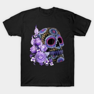 Purple Floral Black Sugar Skull Halloween T-Shirt